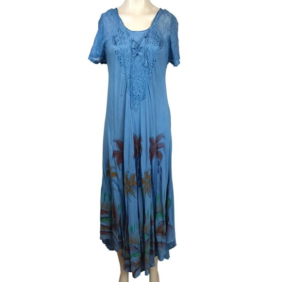 SAKKAS - WOMEN'S FREE SIZE - BLUE FLORAL  HAWAIIAN RAYON MIDI DRESS 18610 - Picture 1 of 12
